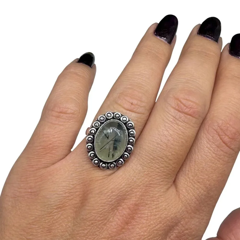 Moss Prehnite Ring Size 6.5 925 Sterling Silver Overlay Natural Stone Green